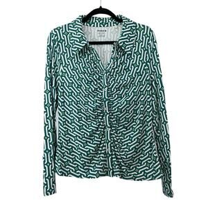 BODEN Viscose Jersey Shirt Green White Button Down Sz Women’s US 14